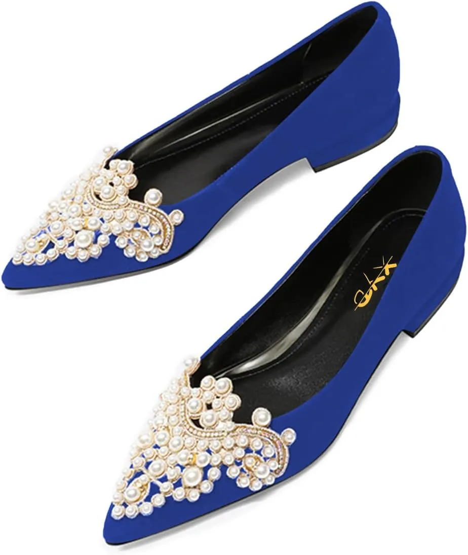 XYD Women's Sense of Luxury Pointed Toe Jewelry Pearl Studs Slip On Embroidery Low Heel Flats Comfortable Wedding Elegant Dress Shoes
