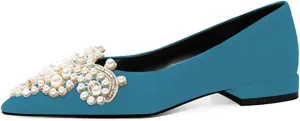 XYD Women's Sense of Luxury Pointed Toe Jewelry Pearl Studs Slip On Embroidery Low Heel Flats Comfortable Wedding Elegant Dress Shoes