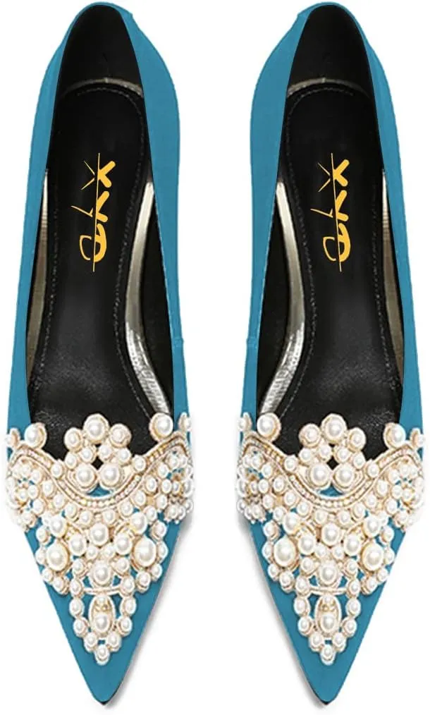 XYD Women's Sense of Luxury Pointed Toe Jewelry Pearl Studs Slip On Embroidery Low Heel Flats Comfortable Wedding Elegant Dress Shoes