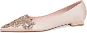 XYD Women's Sense of Luxury Pointed Toe Jewelry Pearl Studs Slip On Embroidery Low Heel Flats Comfortable Wedding Elegant Dress Shoes
