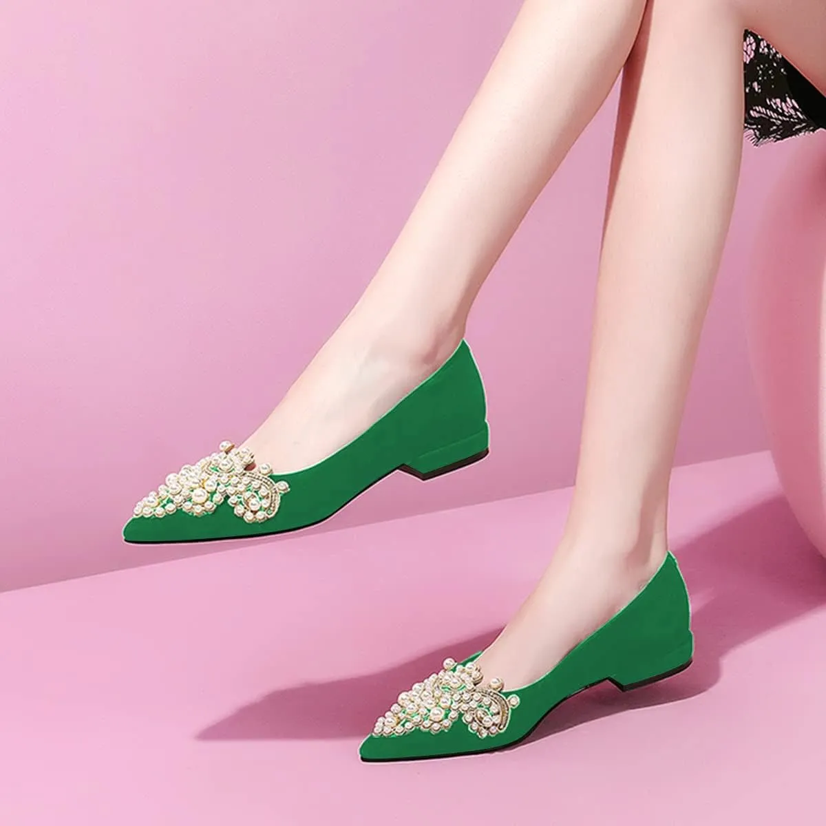 XYD Women's Sense of Luxury Pointed Toe Jewelry Pearl Studs Slip On Embroidery Low Heel Flats Comfortable Wedding Elegant Dress Shoes
