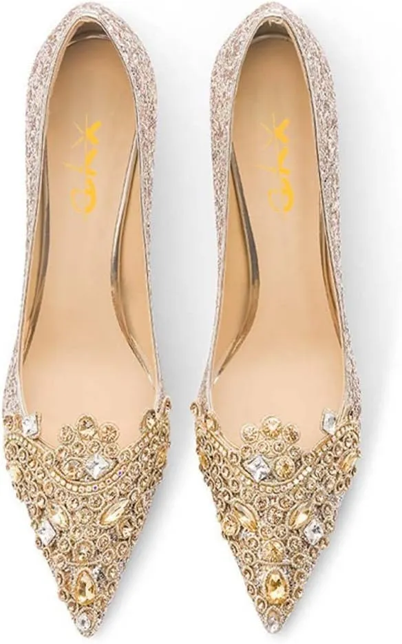 XYD Women's Sense of Luxury Pointed Toe Jewelry Pearl Studs Slip On Embroidery Low Heel Flats Comfortable Wedding Elegant Dress Shoes