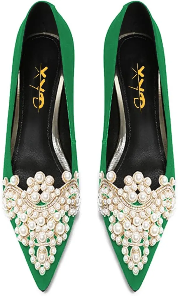 XYD Women's Sense of Luxury Pointed Toe Jewelry Pearl Studs Slip On Embroidery Low Heel Flats Comfortable Wedding Elegant Dress Shoes