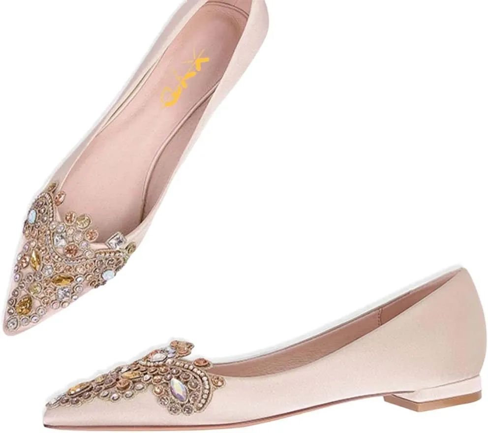 XYD Women's Sense of Luxury Pointed Toe Jewelry Pearl Studs Slip On Embroidery Low Heel Flats Comfortable Wedding Elegant Dress Shoes