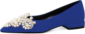 XYD Women's Sense of Luxury Pointed Toe Jewelry Pearl Studs Slip On Embroidery Low Heel Flats Comfortable Wedding Elegant Dress Shoes