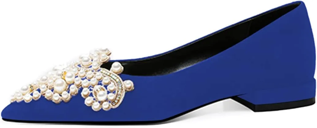 XYD Women's Sense of Luxury Pointed Toe Jewelry Pearl Studs Slip On Embroidery Low Heel Flats Comfortable Wedding Elegant Dress Shoes