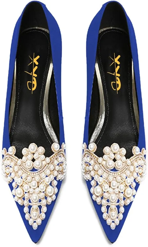 XYD Women's Sense of Luxury Pointed Toe Jewelry Pearl Studs Slip On Embroidery Low Heel Flats Comfortable Wedding Elegant Dress Shoes