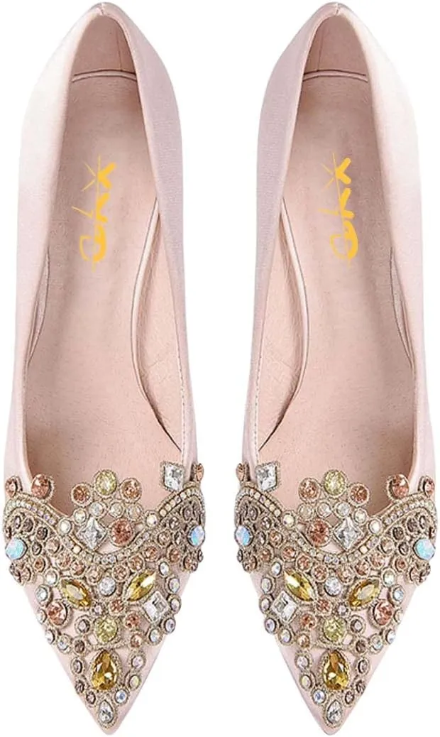 XYD Women's Sense of Luxury Pointed Toe Jewelry Pearl Studs Slip On Embroidery Low Heel Flats Comfortable Wedding Elegant Dress Shoes