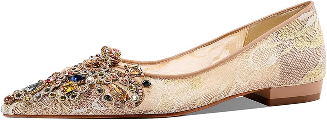 XYD Women's Sense of Luxury Pointed Toe Jewelry Pearl Studs Slip On Embroidery Low Heel Flats Comfortable Wedding Elegant Dress Shoes