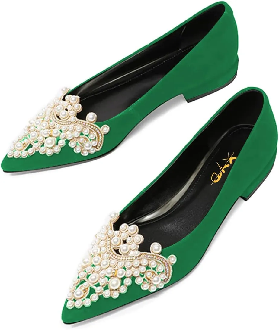 XYD Women's Sense of Luxury Pointed Toe Jewelry Pearl Studs Slip On Embroidery Low Heel Flats Comfortable Wedding Elegant Dress Shoes