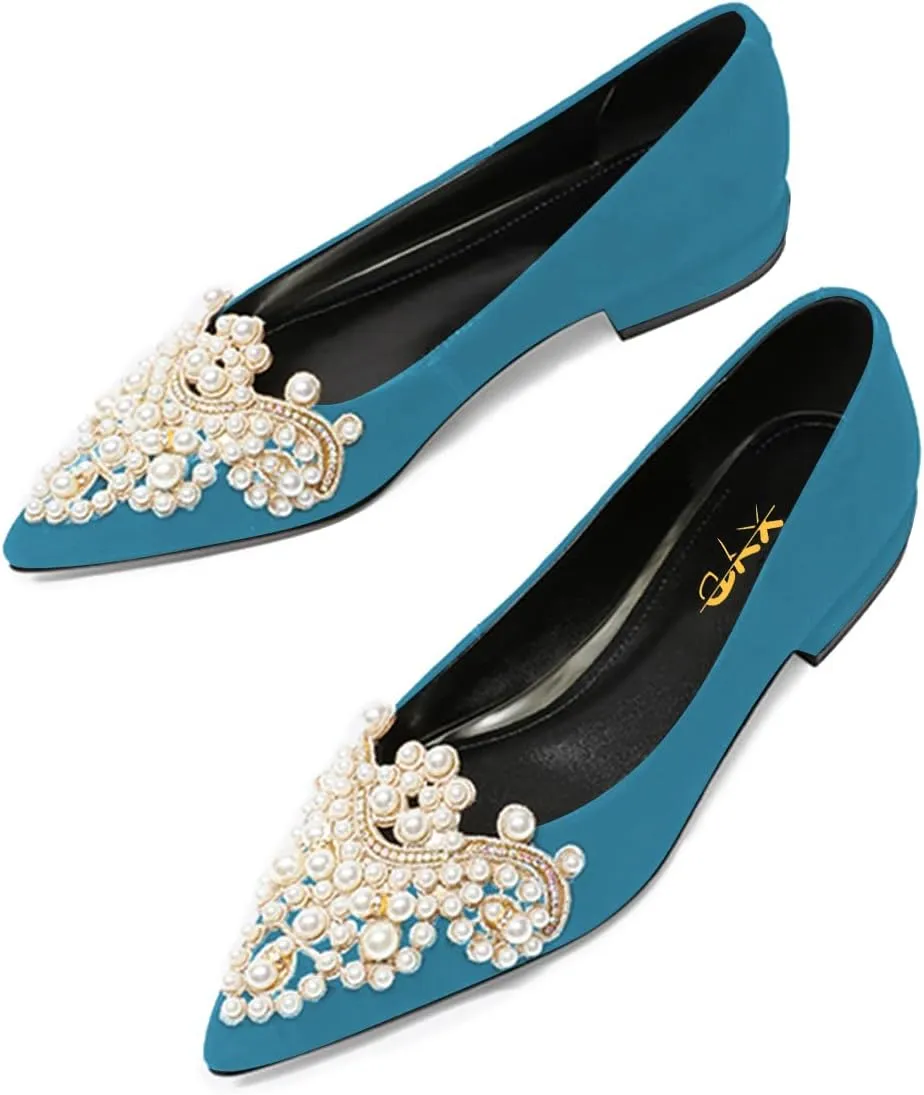 XYD Women's Sense of Luxury Pointed Toe Jewelry Pearl Studs Slip On Embroidery Low Heel Flats Comfortable Wedding Elegant Dress Shoes