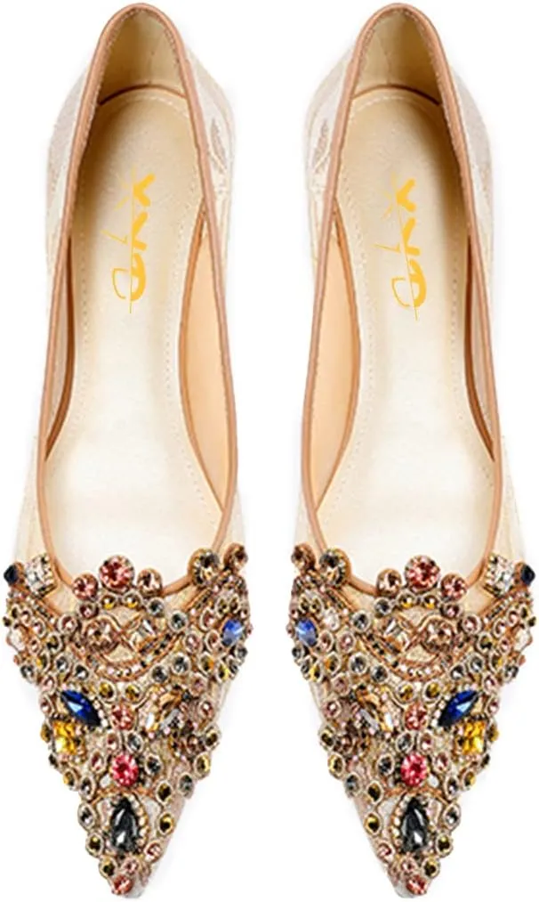 XYD Women's Sense of Luxury Pointed Toe Jewelry Pearl Studs Slip On Embroidery Low Heel Flats Comfortable Wedding Elegant Dress Shoes