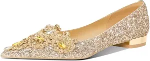 XYD Women's Sense of Luxury Pointed Toe Jewelry Pearl Studs Slip On Embroidery Low Heel Flats Comfortable Wedding Elegant Dress Shoes