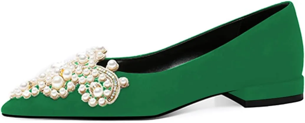 XYD Women's Sense of Luxury Pointed Toe Jewelry Pearl Studs Slip On Embroidery Low Heel Flats Comfortable Wedding Elegant Dress Shoes