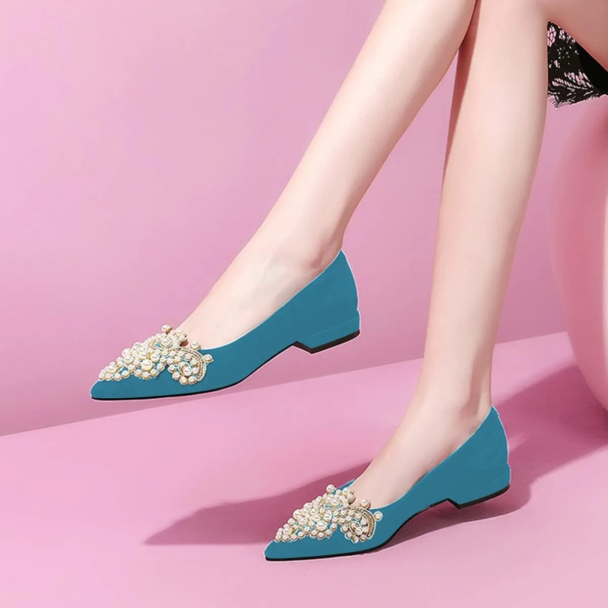 XYD Women's Sense of Luxury Pointed Toe Jewelry Pearl Studs Slip On Embroidery Low Heel Flats Comfortable Wedding Elegant Dress Shoes