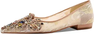 XYD Women's Sense of Luxury Pointed Toe Jewelry Pearl Studs Slip On Embroidery Low Heel Flats Comfortable Wedding Elegant Dress Shoes