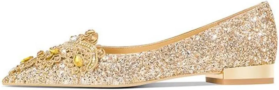XYD Women's Sense of Luxury Pointed Toe Jewelry Pearl Studs Slip On Embroidery Low Heel Flats Comfortable Wedding Elegant Dress Shoes