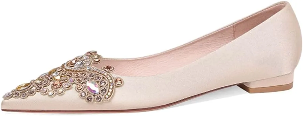XYD Women's Sense of Luxury Pointed Toe Jewelry Pearl Studs Slip On Embroidery Low Heel Flats Comfortable Wedding Elegant Dress Shoes