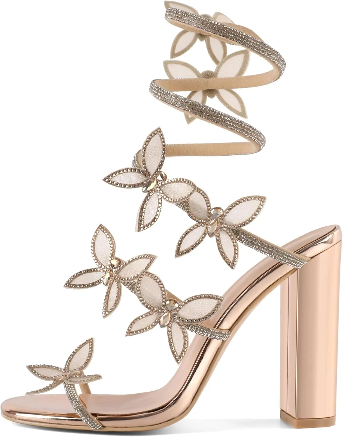 YODEKS Rhinestone Butterfly Heels Sandals Open Toe Chunky Heel Women's Shoes