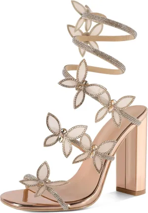 YODEKS Rhinestone Butterfly Heels Sandals Open Toe Chunky Heel Women's Shoes