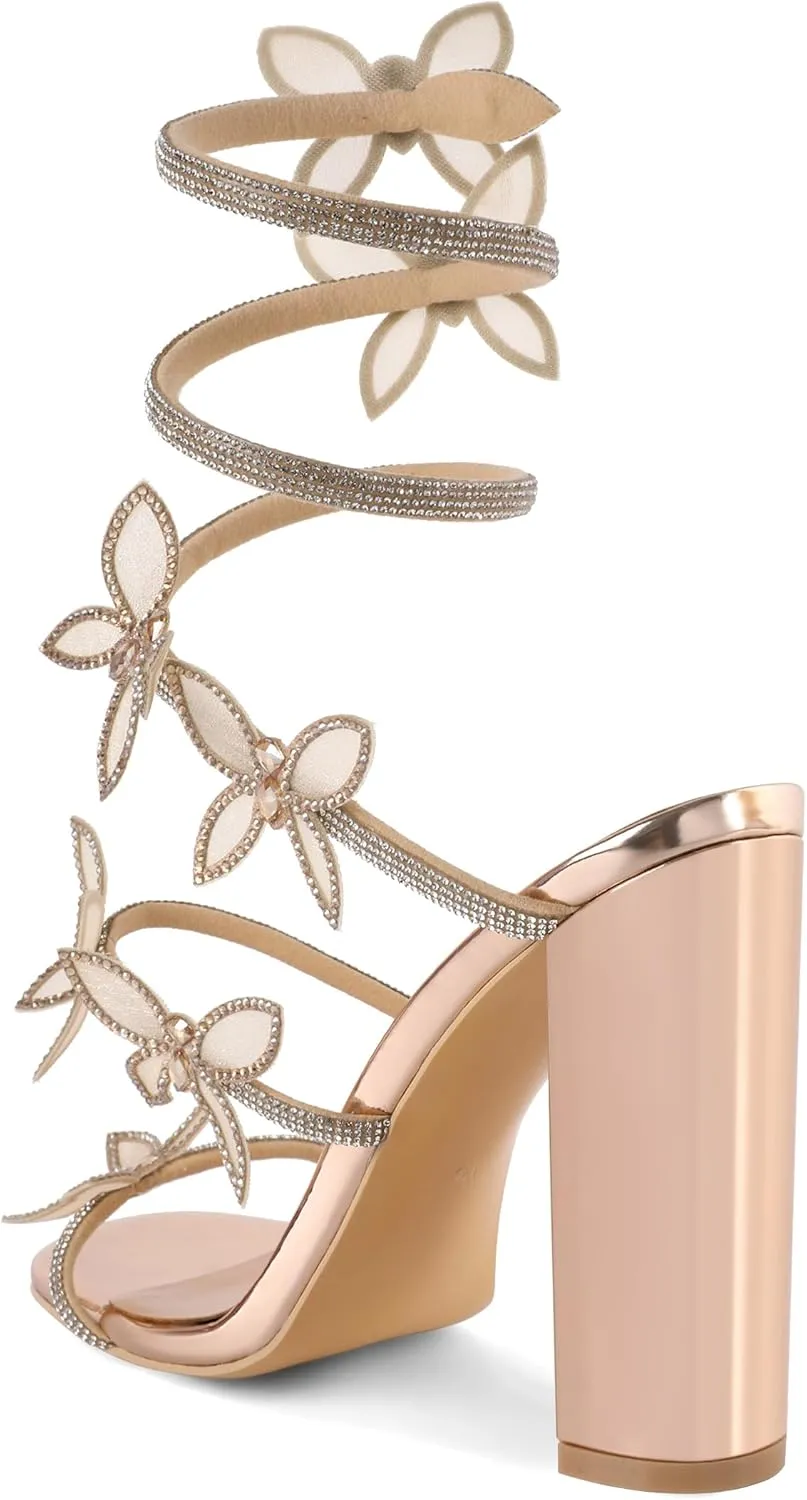 YODEKS Rhinestone Butterfly Heels Sandals Open Toe Chunky Heel Women's Shoes