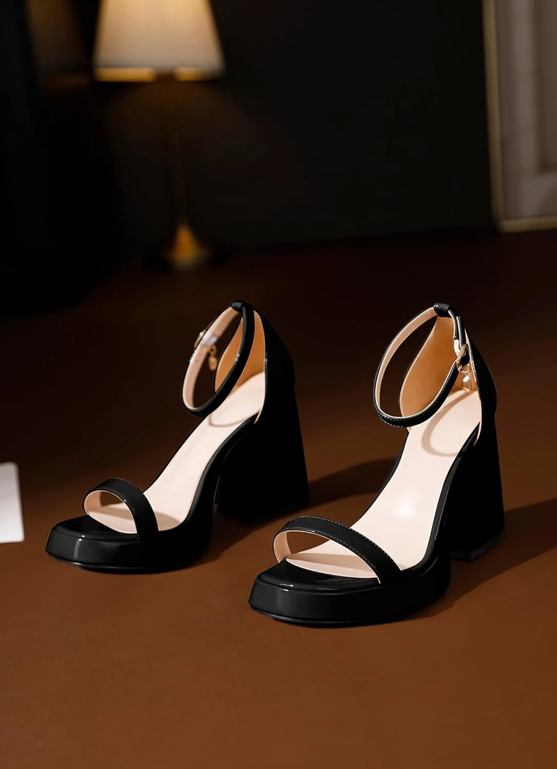 YODEKS Women Heeled Sandals Platform Chunky Block High Heels Strappy Open Round Toe 4 Inch One Strap Party Dress Shoes