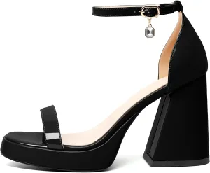 YODEKS Women Heeled Sandals Platform Chunky Block High Heels Strappy Open Round Toe 4 Inch One Strap Party Dress Shoes