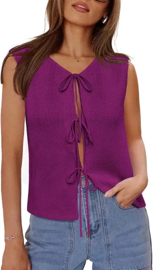 Yousify Women’s Tie Front Sweater Vest 2025 Summer Sleeveless Crochet Knit Tops Lightweight Cardigan Sweaters Outfits