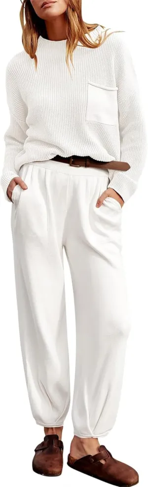 Yuemengxuan Women's 2 Piece Outfits Lounge Sets Long Sleeve Knit Pullover Tops Sweater and Pants Tracksuit Fall Matching Sets