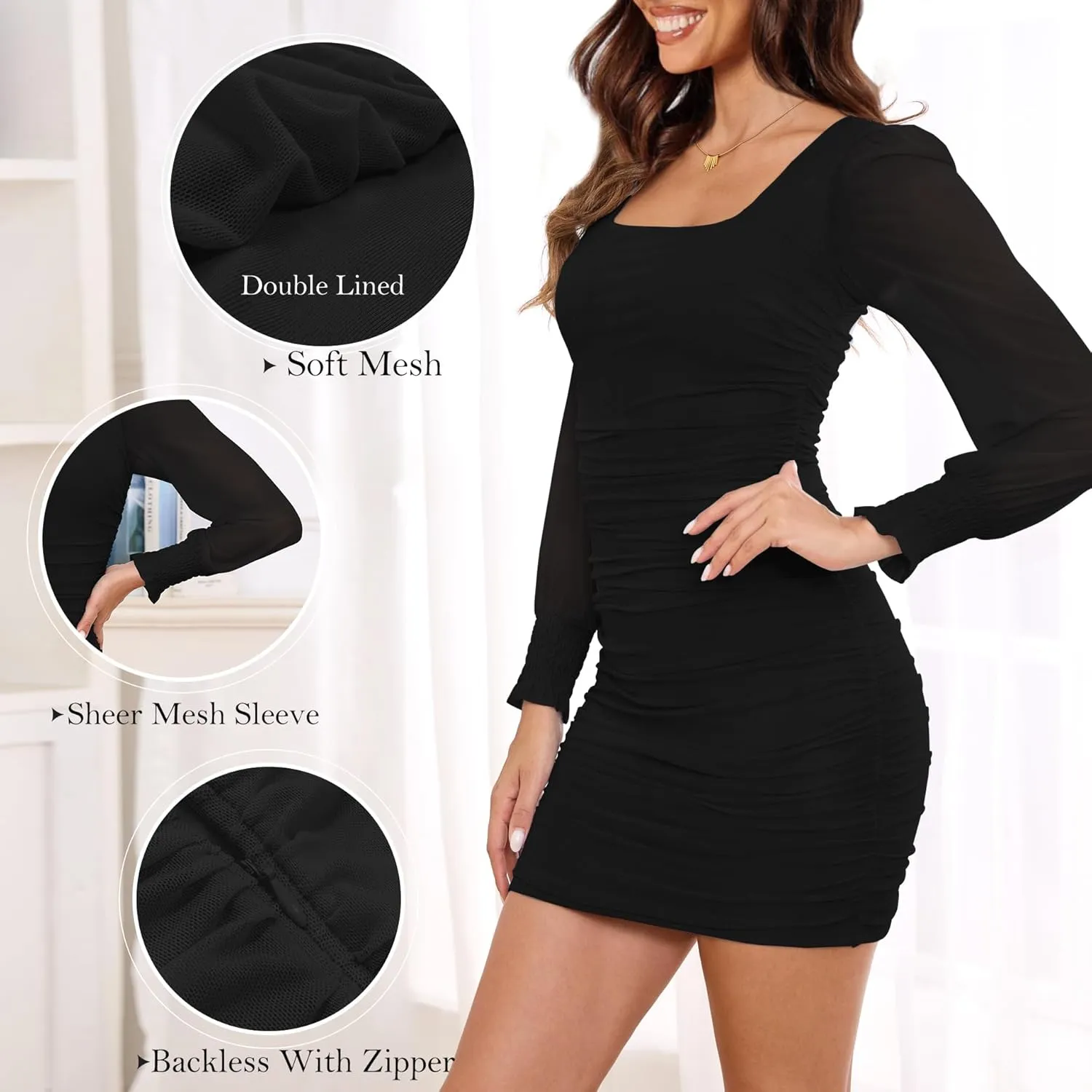 Zattcas Women's 2025 Spring Summer Mesh Long Sleeve Square Neck Ruched Wedding Guest Cocktail Party Club Bodycon Mini Dress