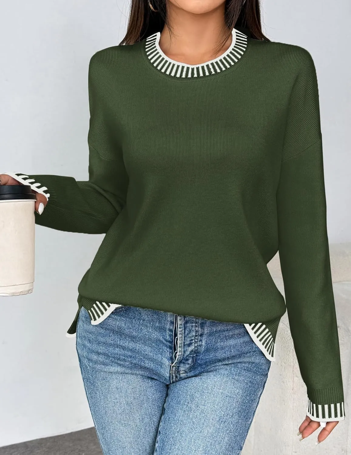 Zeagoo Womens Crewneck Pullover Sweater Long Sleeve Knit Side Slit 2024 Fall Winter Sweater Tops