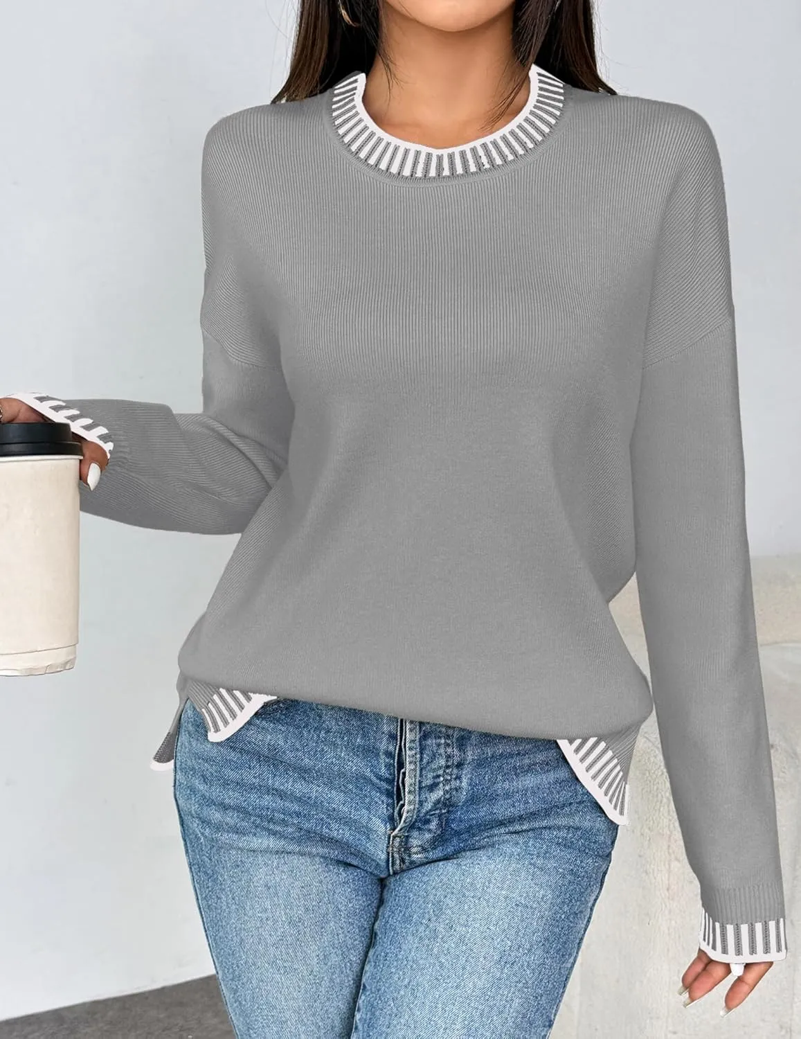 Zeagoo Womens Crewneck Pullover Sweater Long Sleeve Knit Side Slit 2024 Fall Winter Sweater Tops