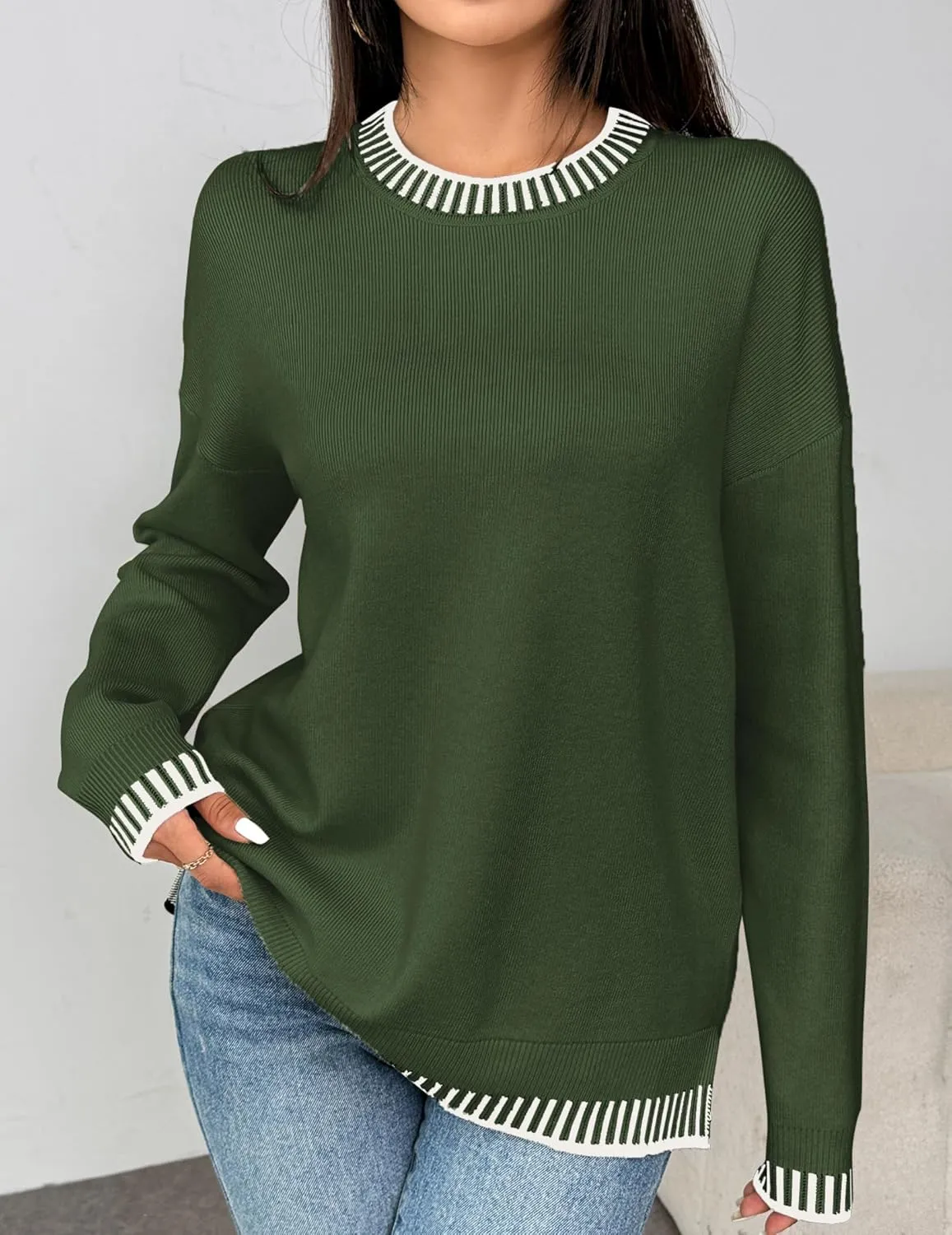 Zeagoo Womens Crewneck Pullover Sweater Long Sleeve Knit Side Slit 2024 Fall Winter Sweater Tops