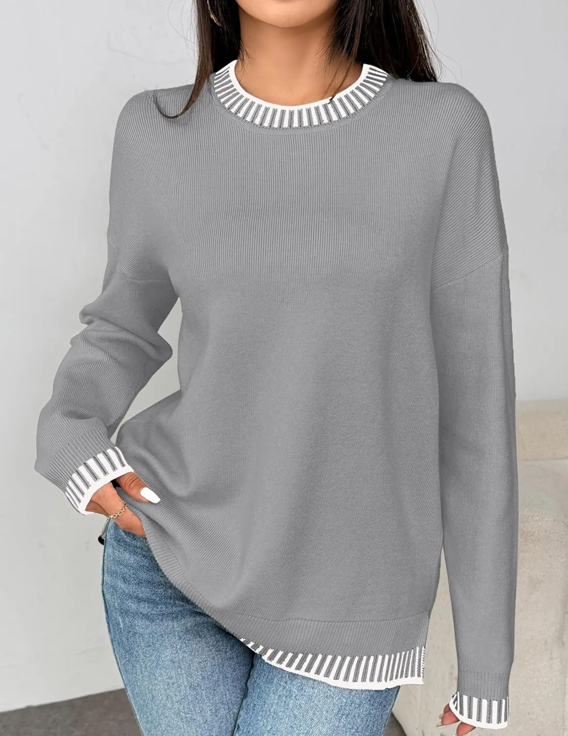Zeagoo Womens Crewneck Pullover Sweater Long Sleeve Knit Side Slit 2024 Fall Winter Sweater Tops