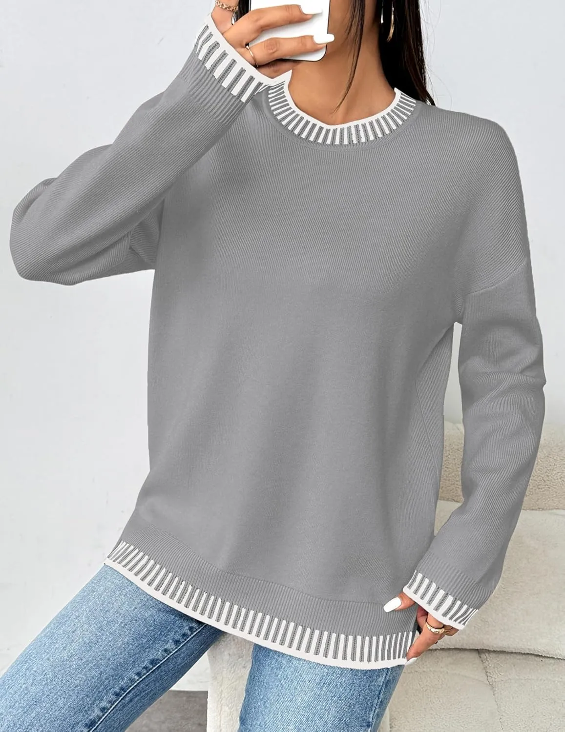 Zeagoo Womens Crewneck Pullover Sweater Long Sleeve Knit Side Slit 2024 Fall Winter Sweater Tops