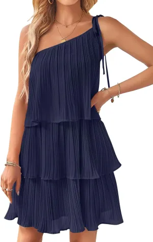 ZESICA Women's Boho Summer One Shoulder Sleeveless Ruffle Tiered Layered Chiffon Pleated A Line Flowy Mini Dress