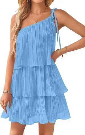 ZESICA Women's Boho Summer One Shoulder Sleeveless Ruffle Tiered Layered Chiffon Pleated A Line Flowy Mini Dress