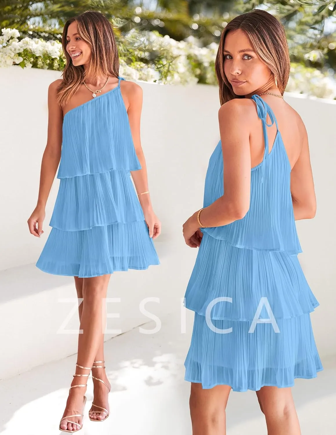 ZESICA Women's Boho Summer One Shoulder Sleeveless Ruffle Tiered Layered Chiffon Pleated A Line Flowy Mini Dress