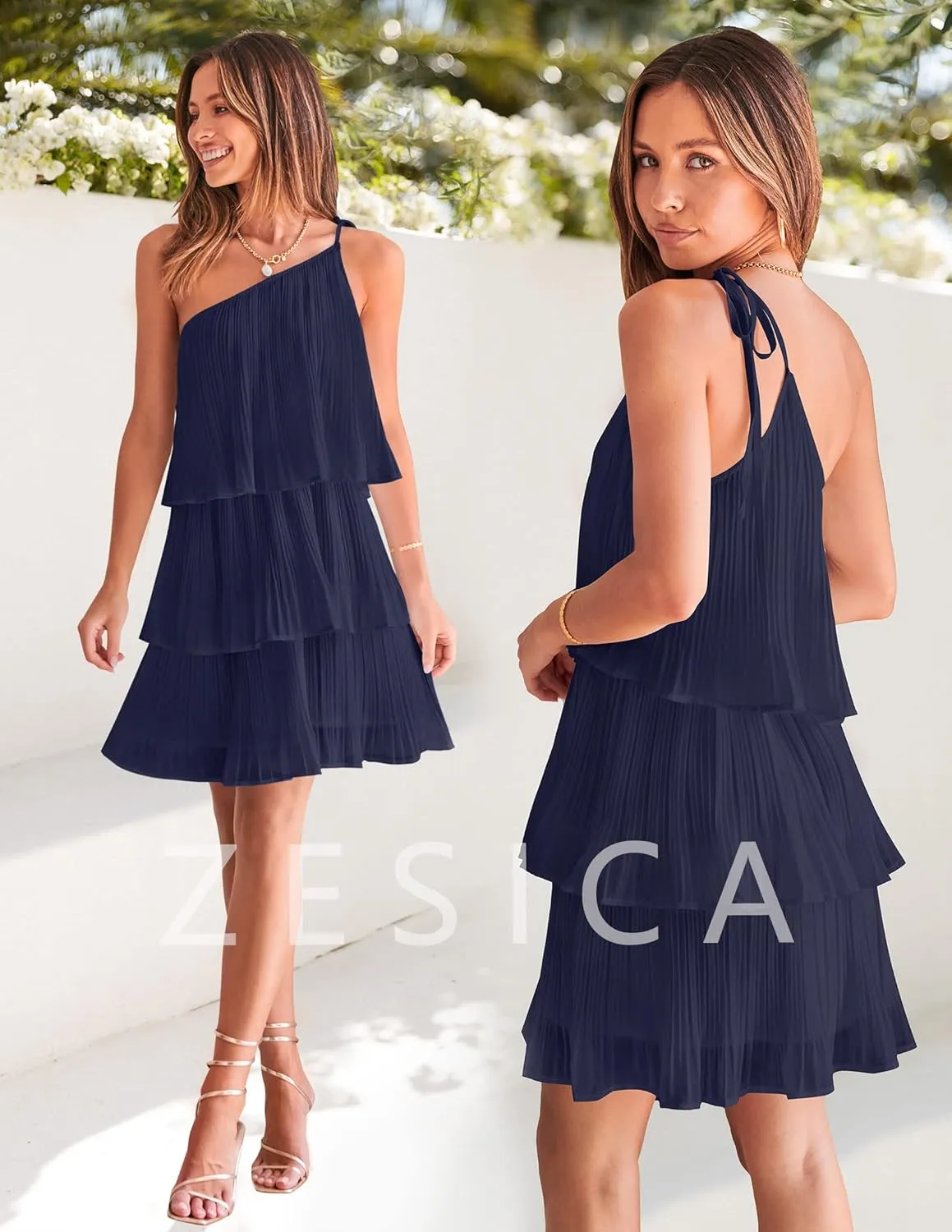 ZESICA Women's Boho Summer One Shoulder Sleeveless Ruffle Tiered Layered Chiffon Pleated A Line Flowy Mini Dress