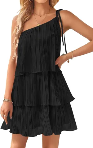 ZESICA Women's Boho Summer One Shoulder Sleeveless Ruffle Tiered Layered Chiffon Pleated A Line Flowy Mini Dress