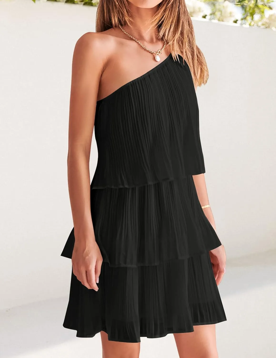 ZESICA Women's Boho Summer One Shoulder Sleeveless Ruffle Tiered Layered Chiffon Pleated A Line Flowy Mini Dress