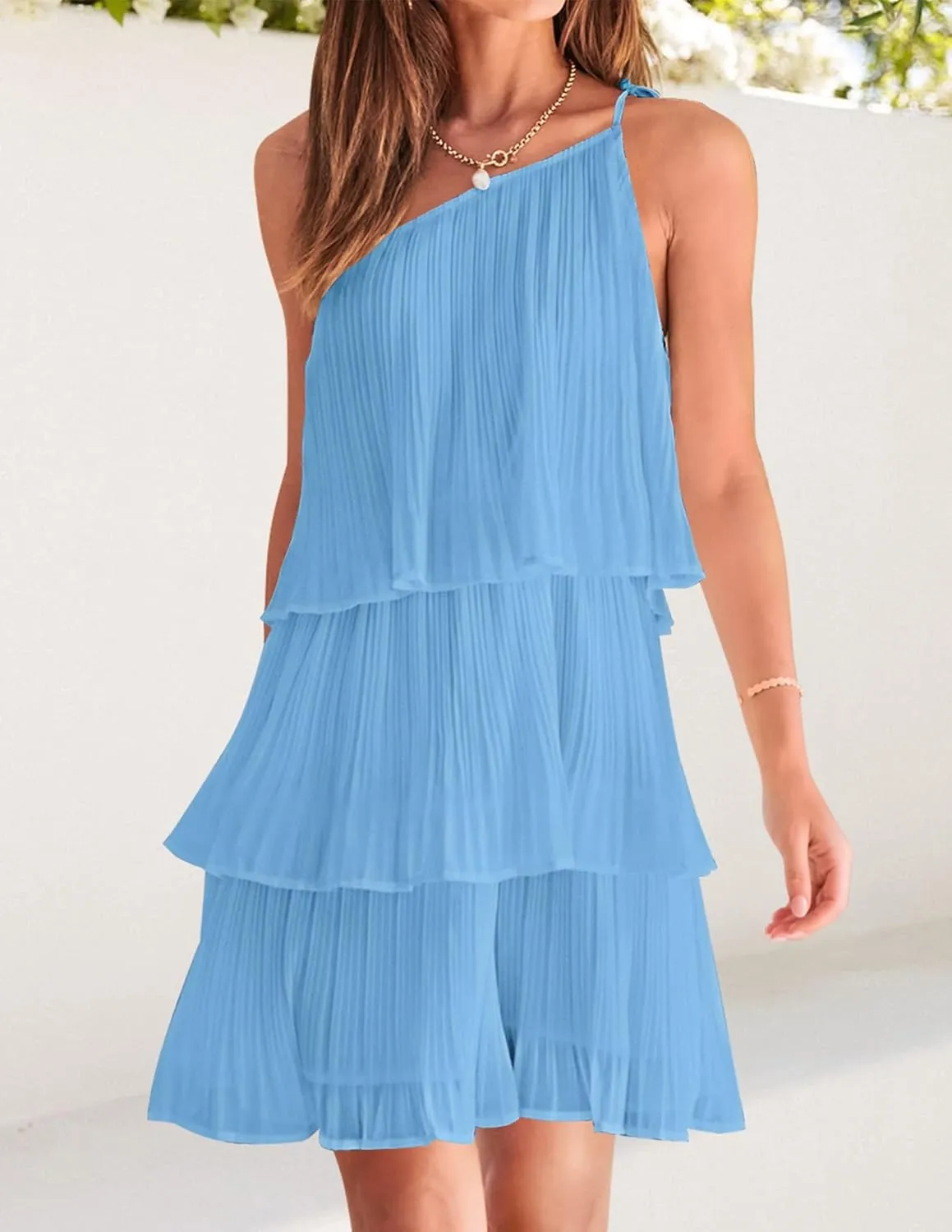 ZESICA Women's Boho Summer One Shoulder Sleeveless Ruffle Tiered Layered Chiffon Pleated A Line Flowy Mini Dress