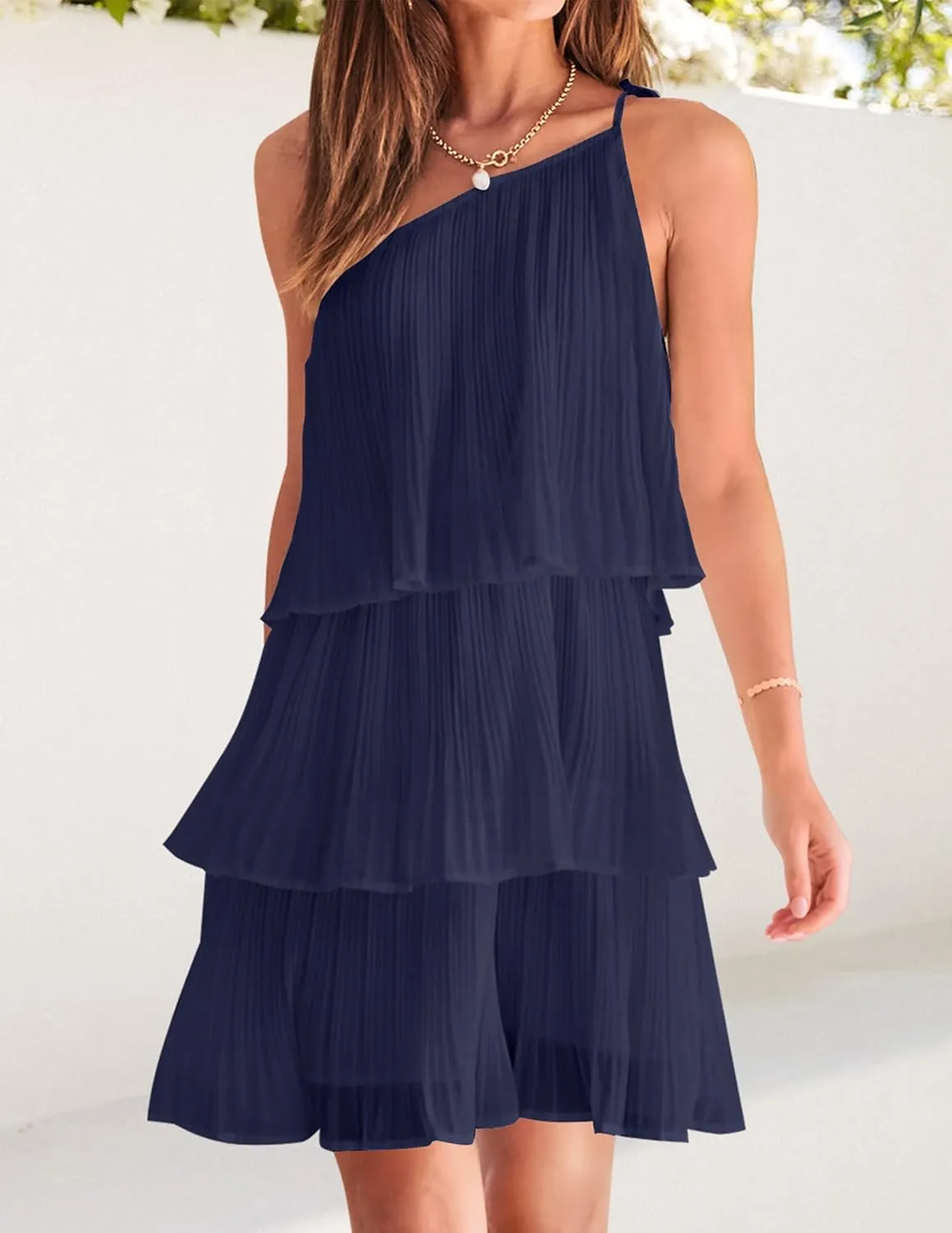 ZESICA Women's Boho Summer One Shoulder Sleeveless Ruffle Tiered Layered Chiffon Pleated A Line Flowy Mini Dress