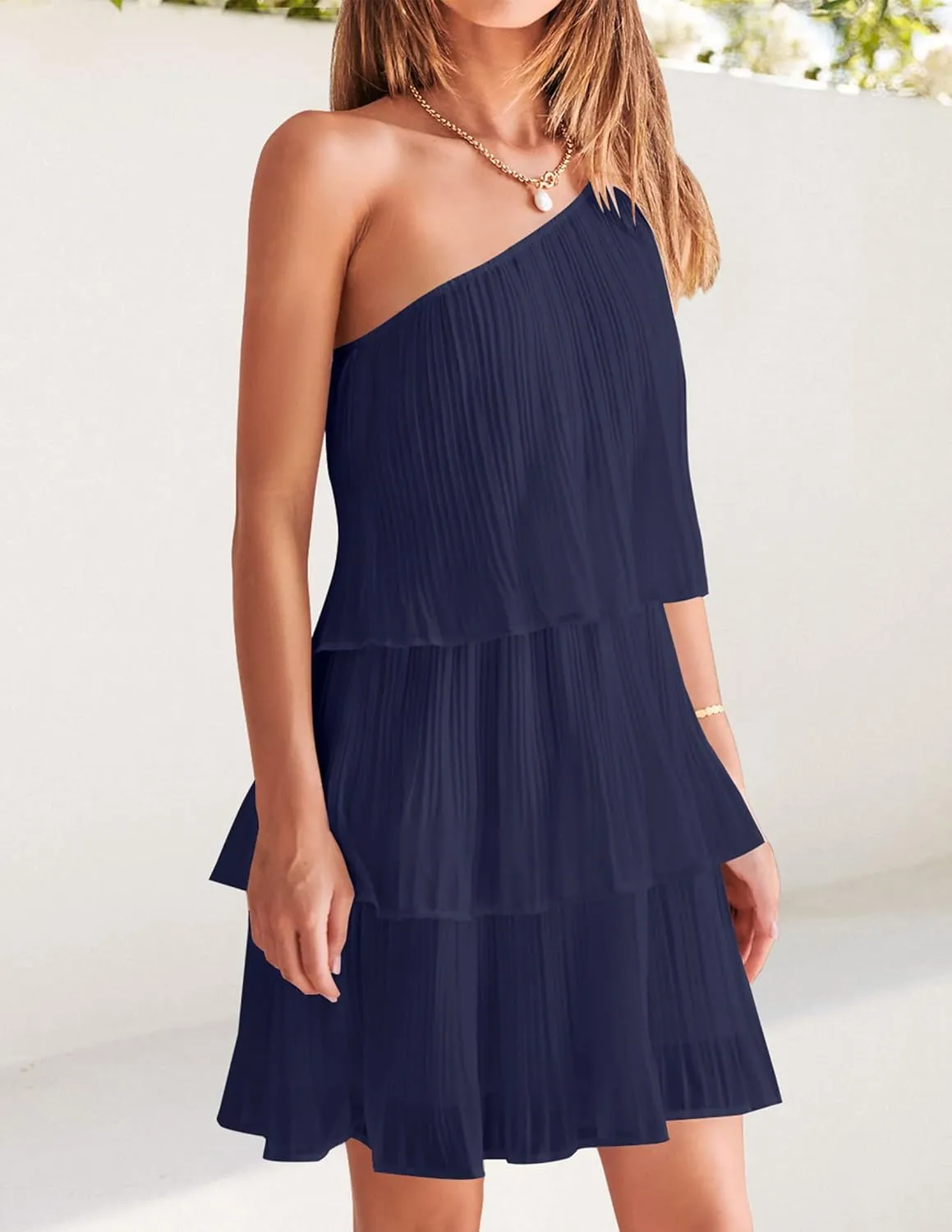 ZESICA Women's Boho Summer One Shoulder Sleeveless Ruffle Tiered Layered Chiffon Pleated A Line Flowy Mini Dress
