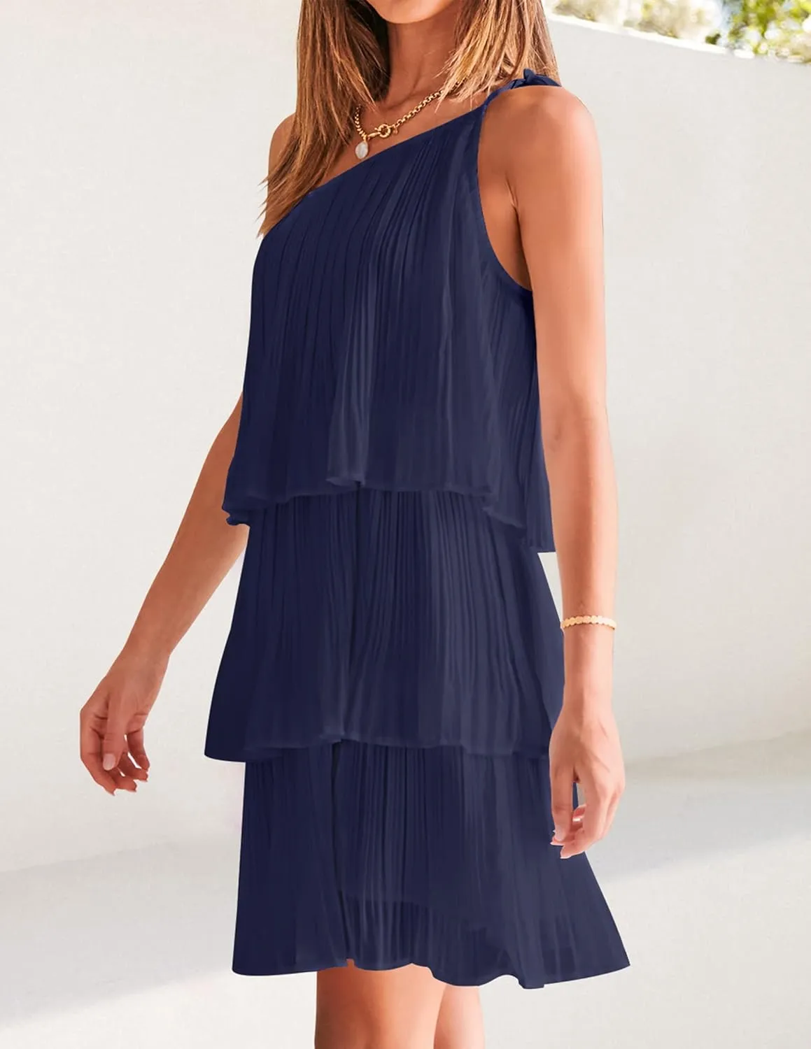 ZESICA Women's Boho Summer One Shoulder Sleeveless Ruffle Tiered Layered Chiffon Pleated A Line Flowy Mini Dress