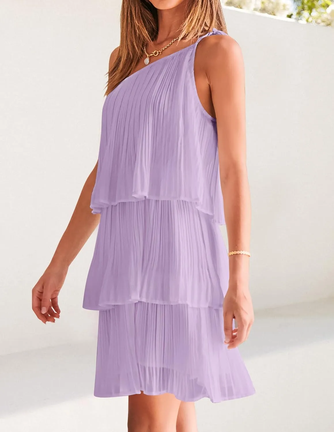 ZESICA Women's Boho Summer One Shoulder Sleeveless Ruffle Tiered Layered Chiffon Pleated A Line Flowy Mini Dress
