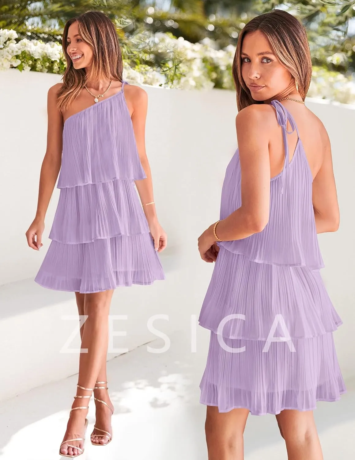 ZESICA Women's Boho Summer One Shoulder Sleeveless Ruffle Tiered Layered Chiffon Pleated A Line Flowy Mini Dress
