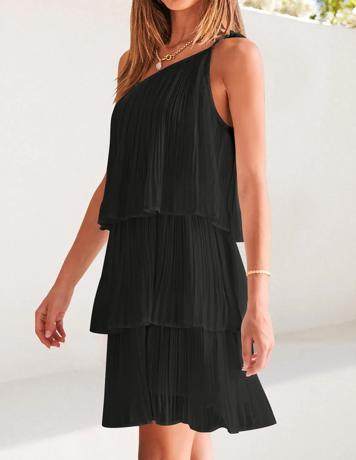 ZESICA Women's Boho Summer One Shoulder Sleeveless Ruffle Tiered Layered Chiffon Pleated A Line Flowy Mini Dress