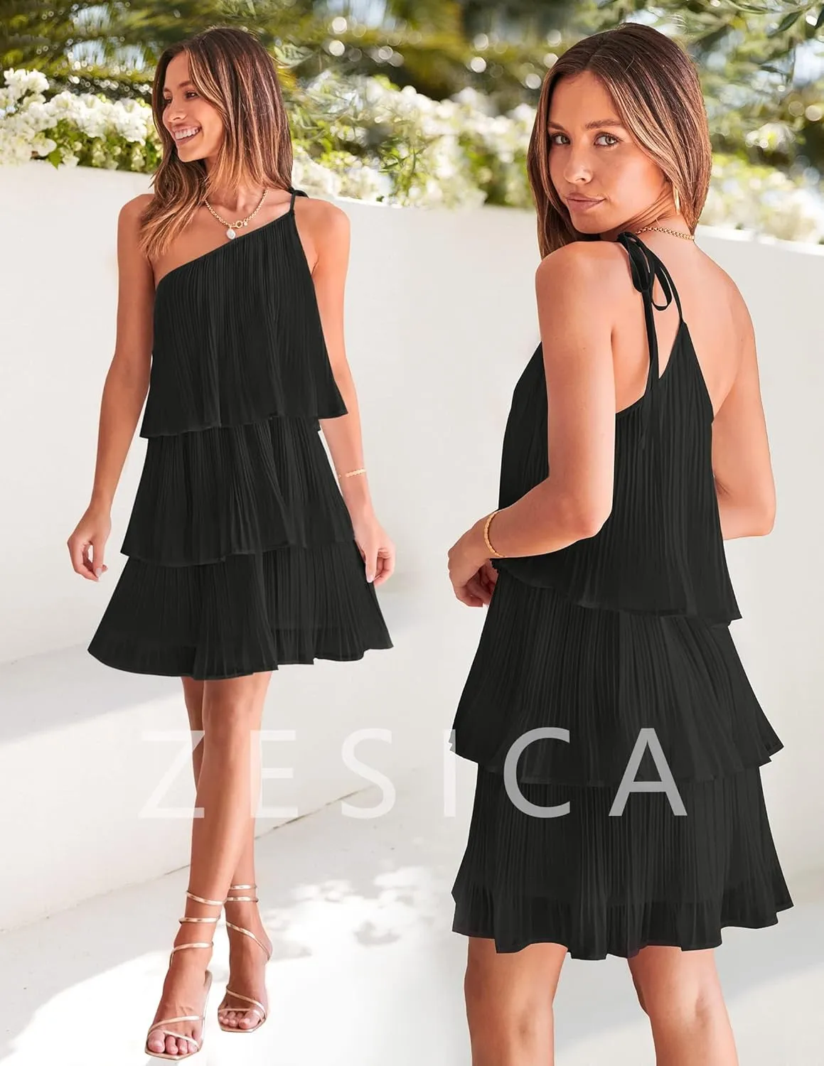 ZESICA Women's Boho Summer One Shoulder Sleeveless Ruffle Tiered Layered Chiffon Pleated A Line Flowy Mini Dress