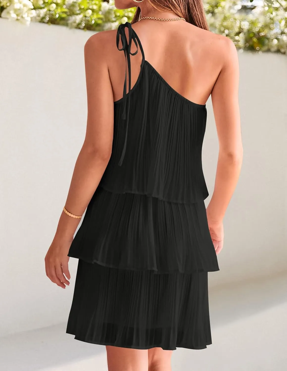 ZESICA Women's Boho Summer One Shoulder Sleeveless Ruffle Tiered Layered Chiffon Pleated A Line Flowy Mini Dress